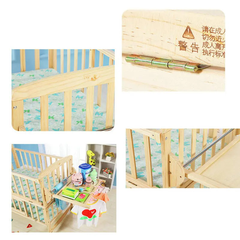 Beedome Pine Baby Cuna con estante, puede extender a una cama para niños de 1,4 metros, mecedora con 4 ruedas