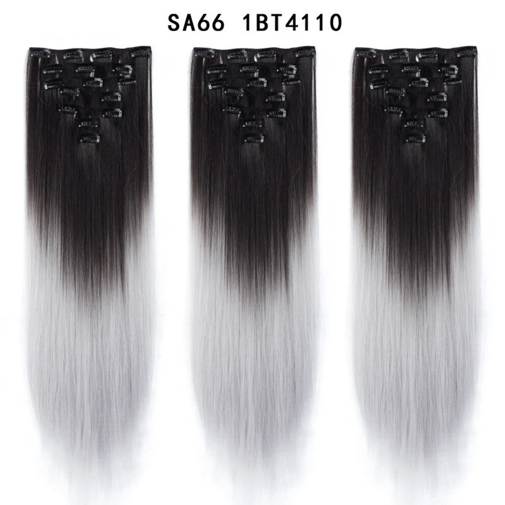 Buabuda-extensiones de cabello sintético largo y liso, 16Clips, fibra de alta temperatura, color rubio, negro y marrón