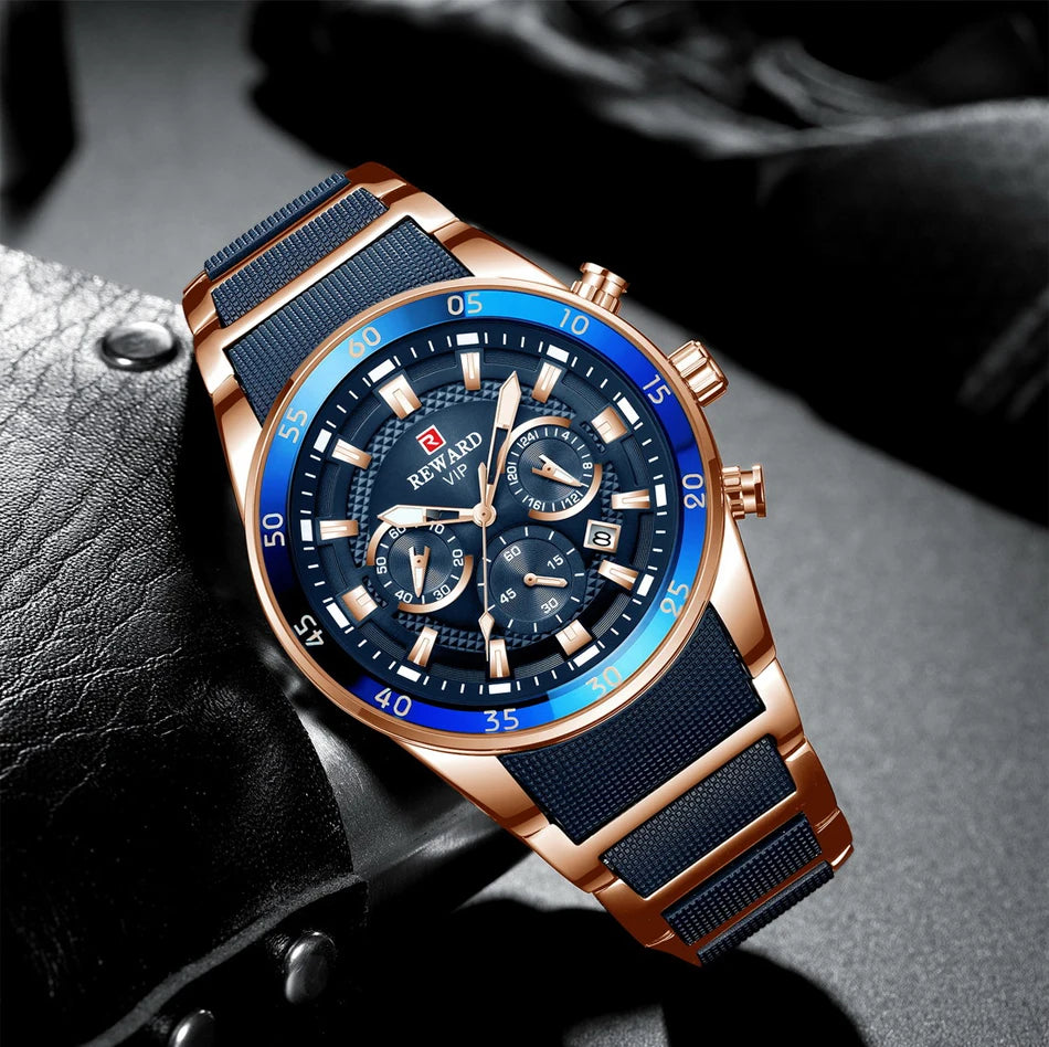 REWARD Relojes para hombre con esfera grande, marca de lujo, reloj deportivo resistente al agua, cronógrafo para hombre, reloj de cuarzo, relojes de pulsera con fecha automática