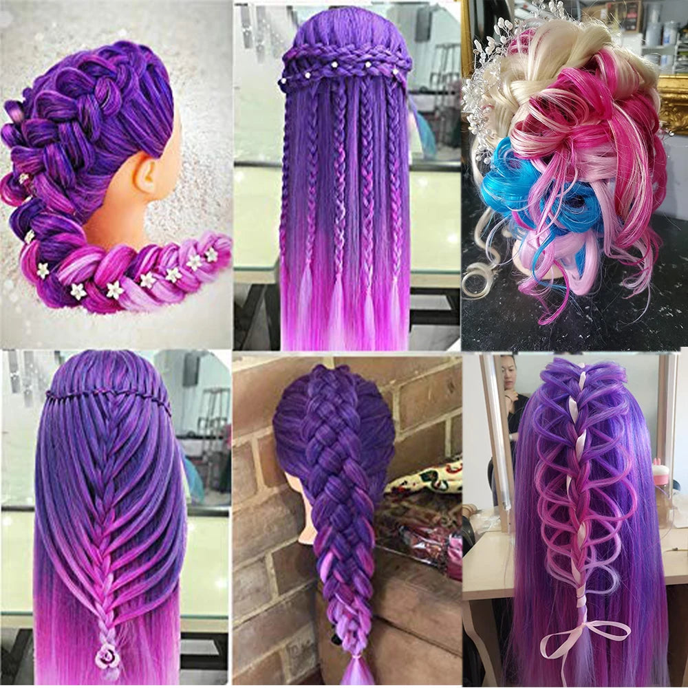 Cabeza de muñeca de maniquí de cosmetología con pelo de Color arcoíris para trenzar el cabello, entrenamiento de peinado, exhibición de salón de peluquería