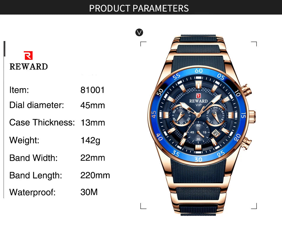 REWARD Relojes para hombre con esfera grande, marca de lujo, reloj deportivo resistente al agua, cronógrafo para hombre, reloj de cuarzo, relojes de pulsera con fecha automática