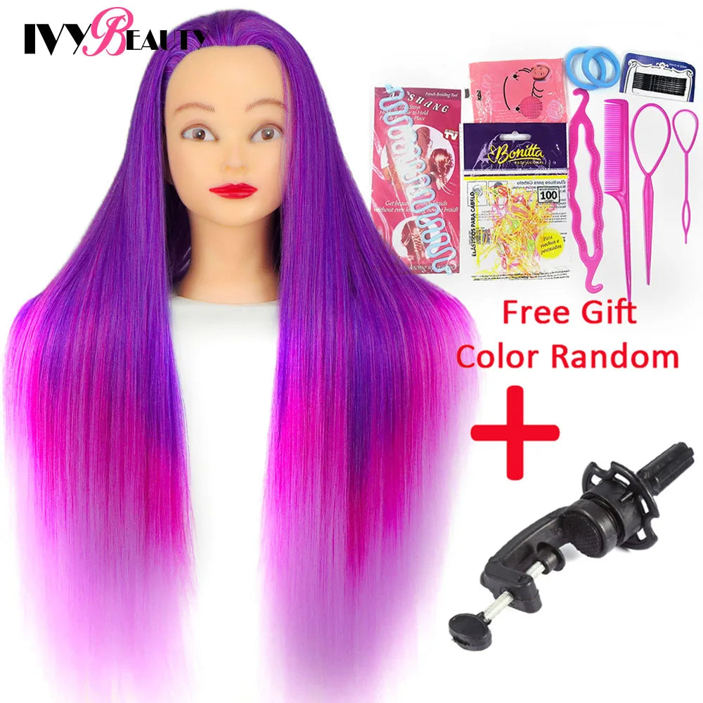 Cabeza de muñeca de maniquí de cosmetología con pelo de Color arcoíris para trenzar el cabello, entrenamiento de peinado, exhibición de salón de peluquería