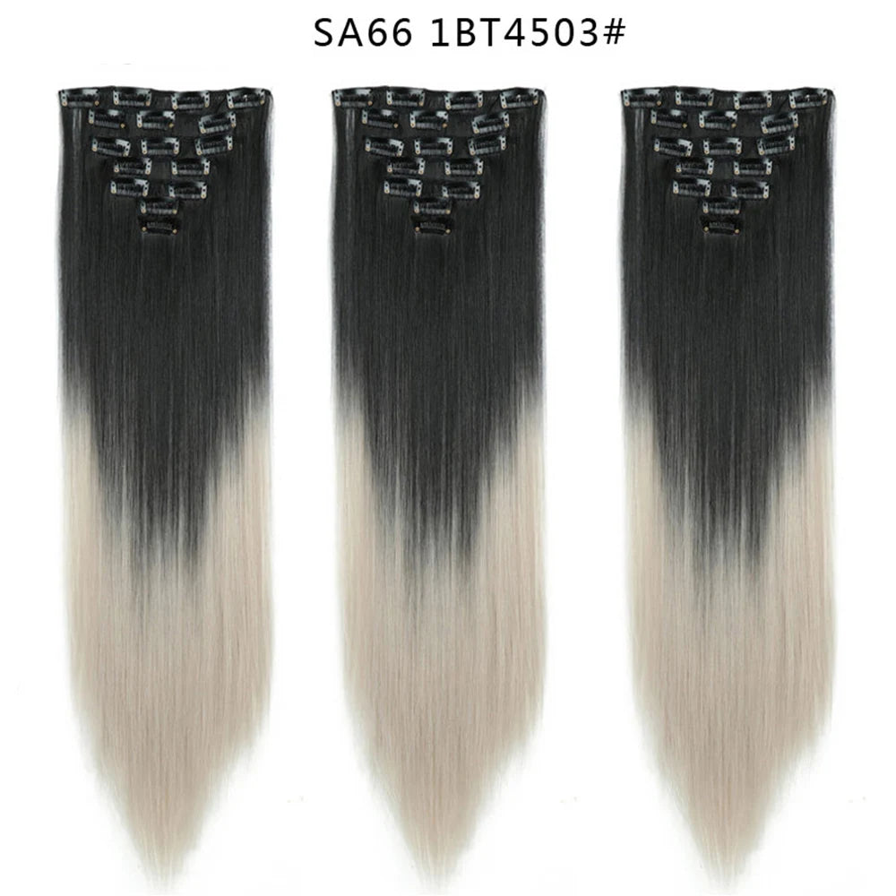 Buabuda-extensiones de cabello sintético largo y liso, 16Clips, fibra de alta temperatura, color rubio, negro y marrón