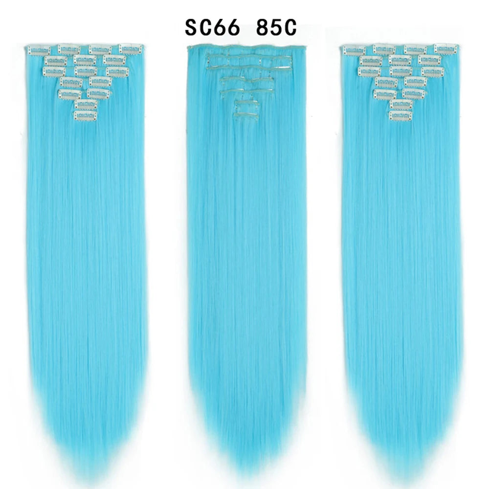 Buabuda-extensiones de cabello sintético largo y liso, 16Clips, fibra de alta temperatura, color rubio, negro y marrón