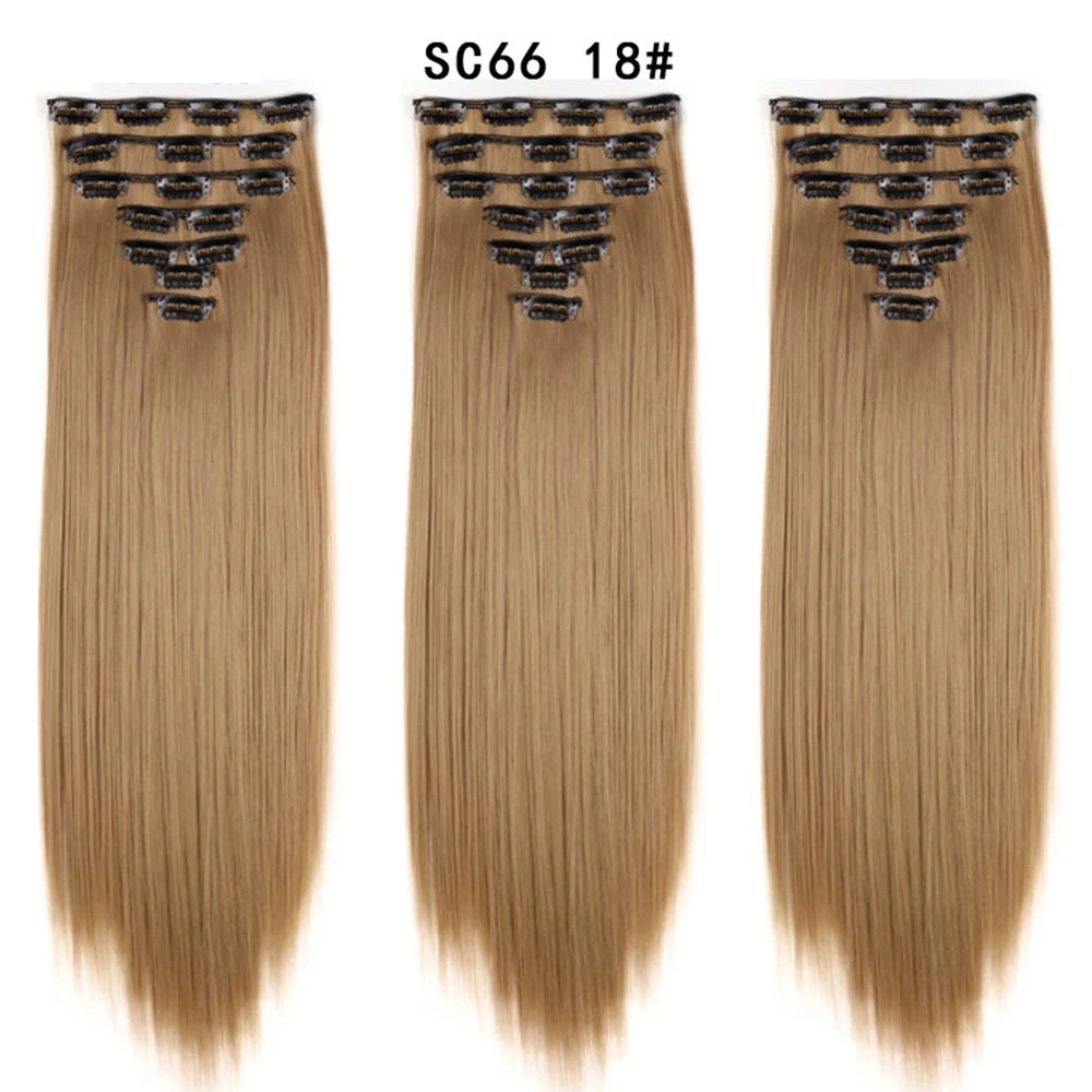 Buabuda-extensiones de cabello sintético largo y liso, 16Clips, fibra de alta temperatura, color rubio, negro y marrón