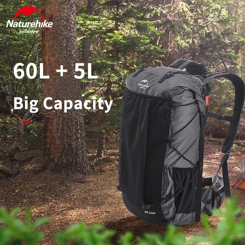 Naturehike 60L + 5LCamping senderismo escalada mochilas Piggyback transpirable ligero alrededor de 1160g con diseño de cubierta de lluvia
