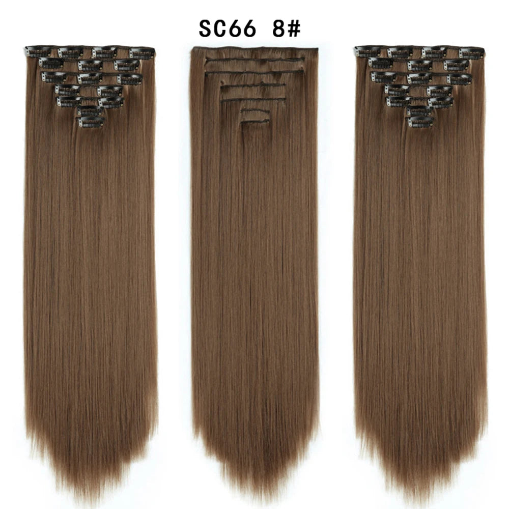 Buabuda-extensiones de cabello sintético largo y liso, 16Clips, fibra de alta temperatura, color rubio, negro y marrón