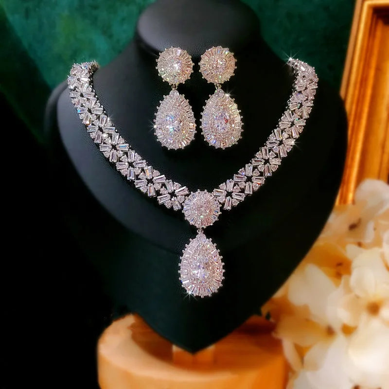 Conjuntos de joyería nupcial para mujer, pendientes de gota de aguja de plata S925, collares, colgantes, corona, boda, accesorios de circonita cúbica