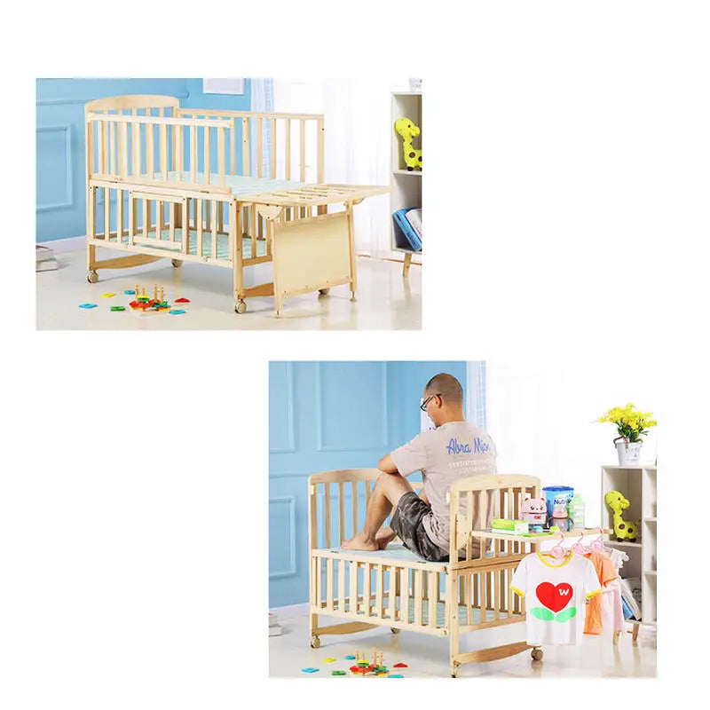 Beedome Pine Baby Cuna con estante, puede extender a una cama para niños de 1,4 metros, mecedora con 4 ruedas