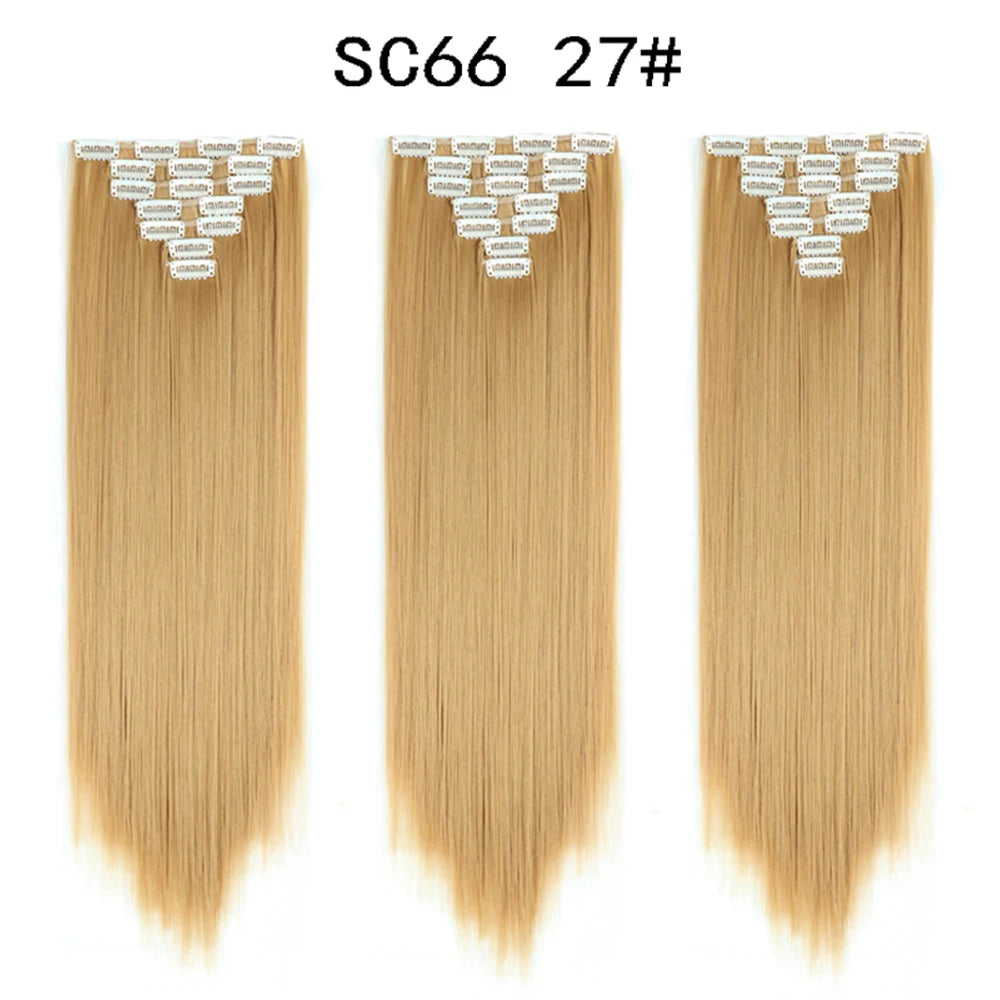 Buabuda-extensiones de cabello sintético largo y liso, 16Clips, fibra de alta temperatura, color rubio, negro y marrón