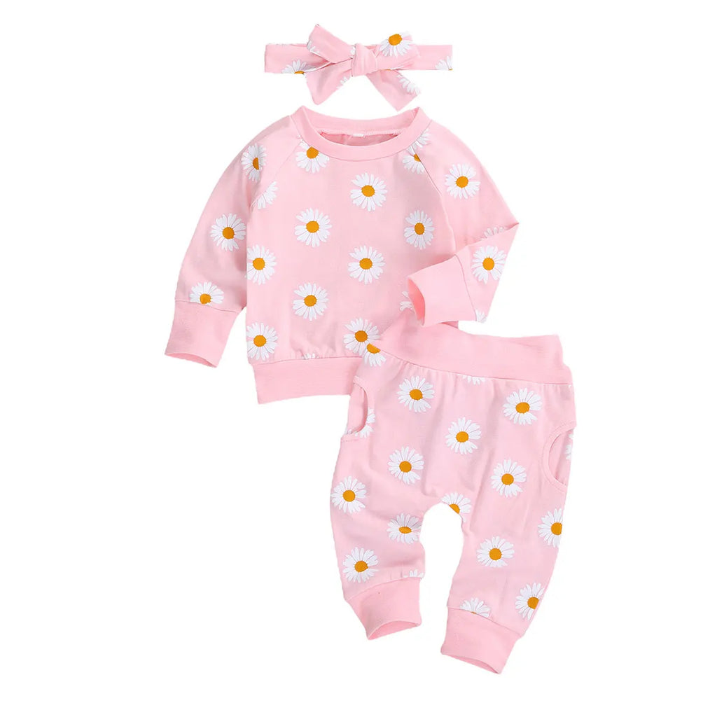 Trajes de algodón transpirables para bebé, niño y niña, sudadera de manga larga con estampado de margaritas, pantalones y Diadema con lazo, 3 uds.