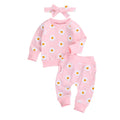 Trajes de algodón transpirables para bebé, niño y niña, sudadera de manga larga con estampado de margaritas, pantalones y Diadema con lazo, 3 uds.