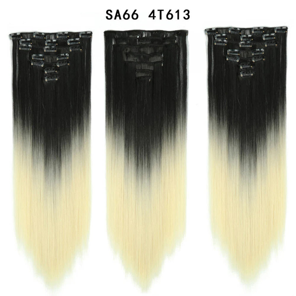 Buabuda-extensiones de cabello sintético largo y liso, 16Clips, fibra de alta temperatura, color rubio, negro y marrón