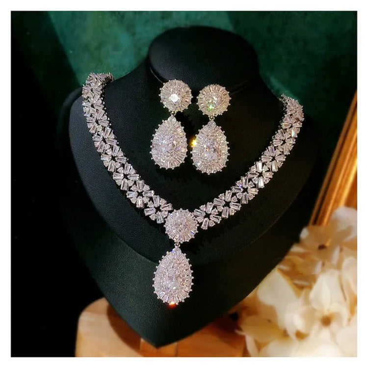 Conjuntos de joyería nupcial para mujer, pendientes de gota de aguja de plata S925, collares, colgantes, corona, boda, accesorios de circonita cúbica