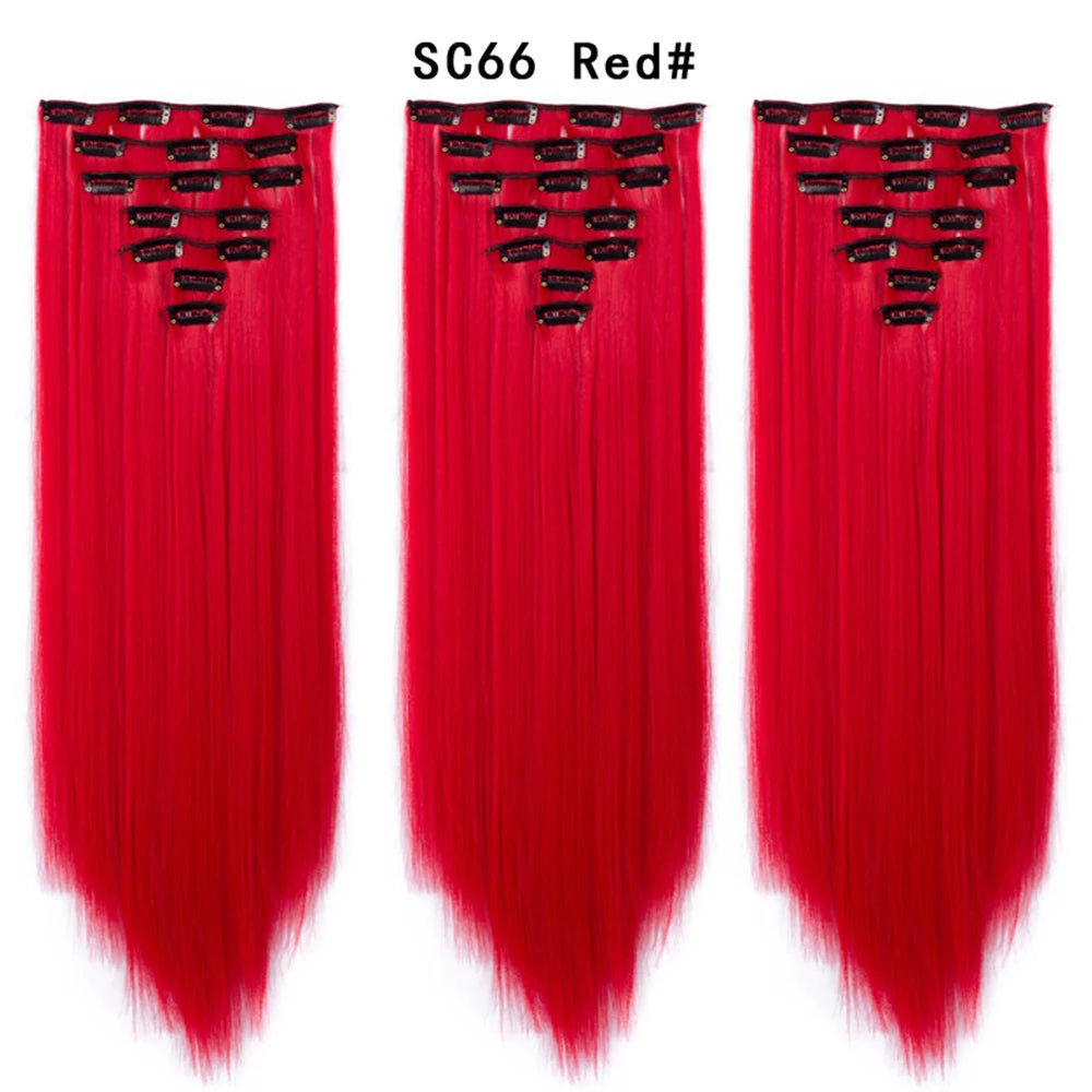 Buabuda-extensiones de cabello sintético largo y liso, 16Clips, fibra de alta temperatura, color rubio, negro y marrón