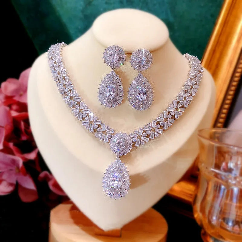Conjuntos de joyería nupcial para mujer, pendientes de gota de aguja de plata S925, collares, colgantes, corona, boda, accesorios de circonita cúbica