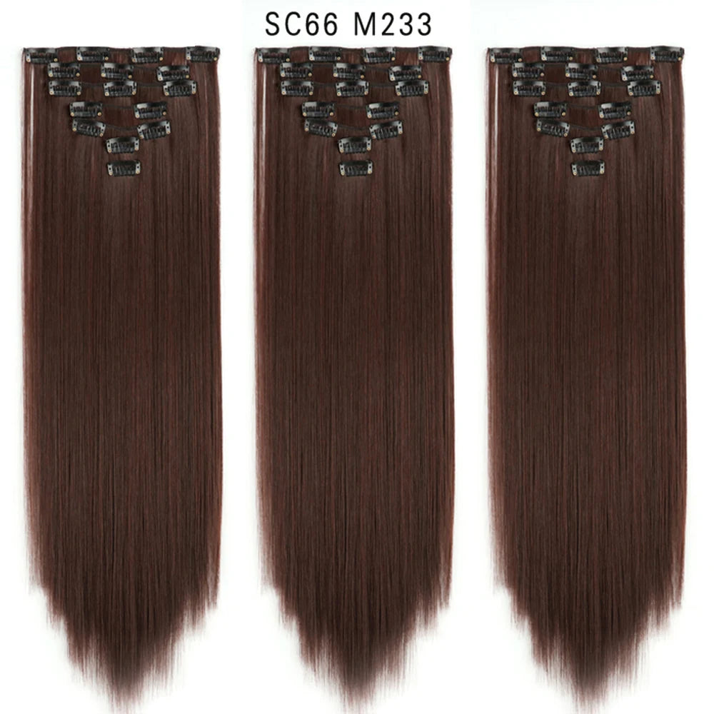 Buabuda-extensiones de cabello sintético largo y liso, 16Clips, fibra de alta temperatura, color rubio, negro y marrón