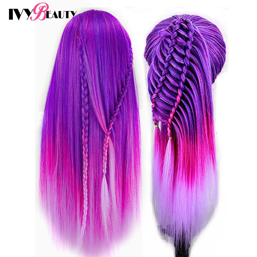 Cabeza de muñeca de maniquí de cosmetología con pelo de Color arcoíris para trenzar el cabello, entrenamiento de peinado, exhibición de salón de peluquería