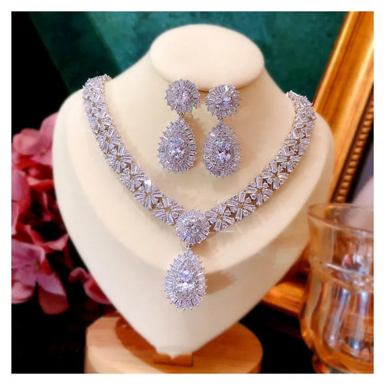 Conjuntos de joyería nupcial para mujer, pendientes de gota de aguja de plata S925, collares, colgantes, corona, boda, accesorios de circonita cúbica
