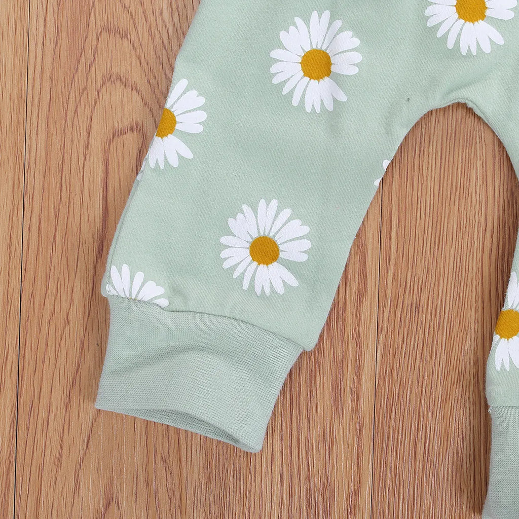 Trajes de algodón transpirables para bebé, niño y niña, sudadera de manga larga con estampado de margaritas, pantalones y Diadema con lazo, 3 uds.