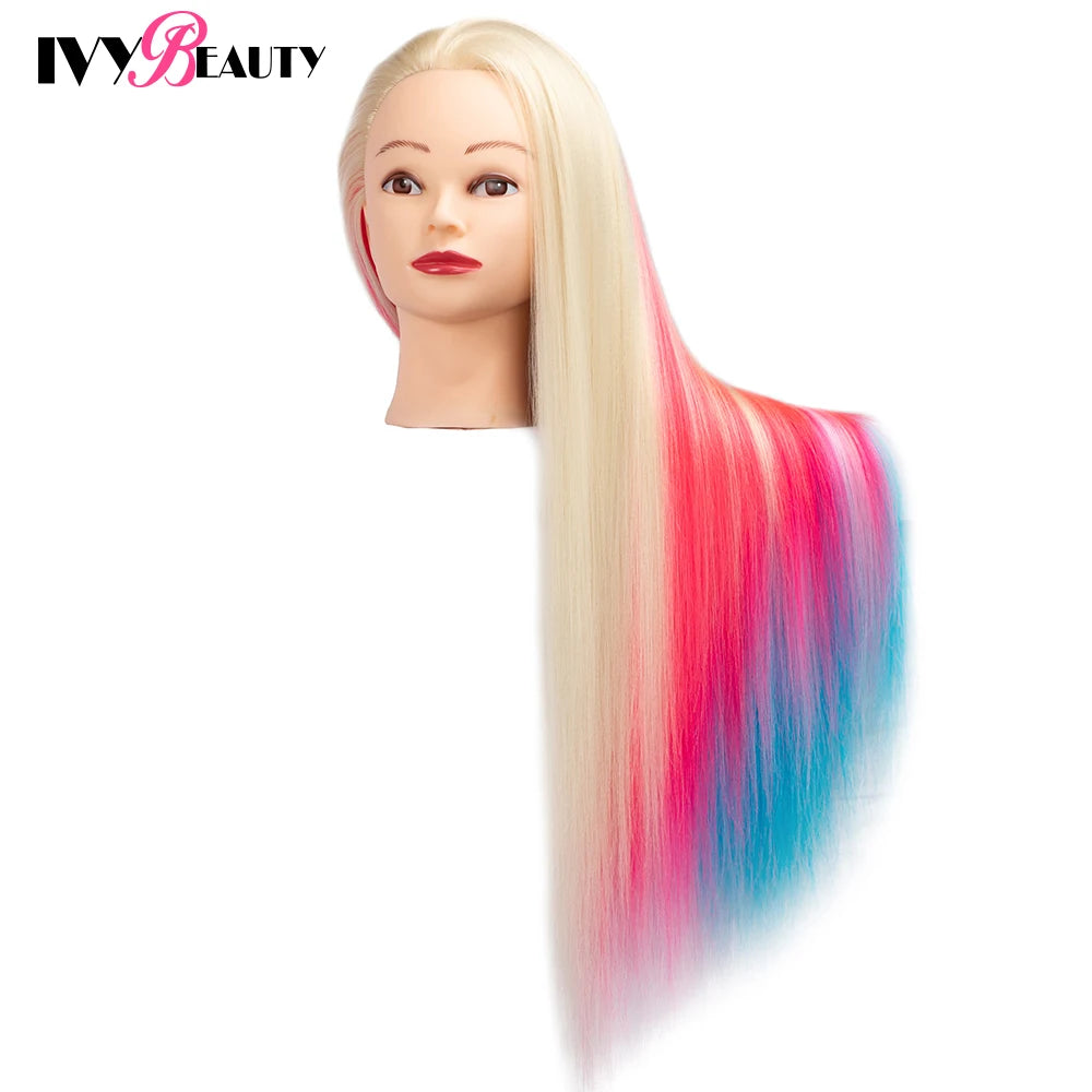 Cabeza de muñeca de maniquí de cosmetología con pelo de Color arcoíris para trenzar el cabello, entrenamiento de peinado, exhibición de salón de peluquería