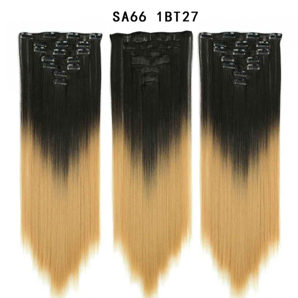 Buabuda-extensiones de cabello sintético largo y liso, 16Clips, fibra de alta temperatura, color rubio, negro y marrón
