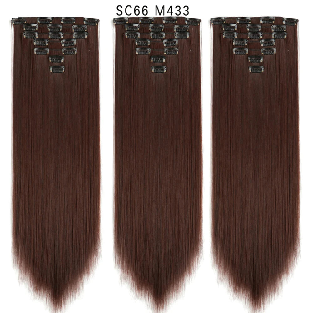 Buabuda-extensiones de cabello sintético largo y liso, 16Clips, fibra de alta temperatura, color rubio, negro y marrón