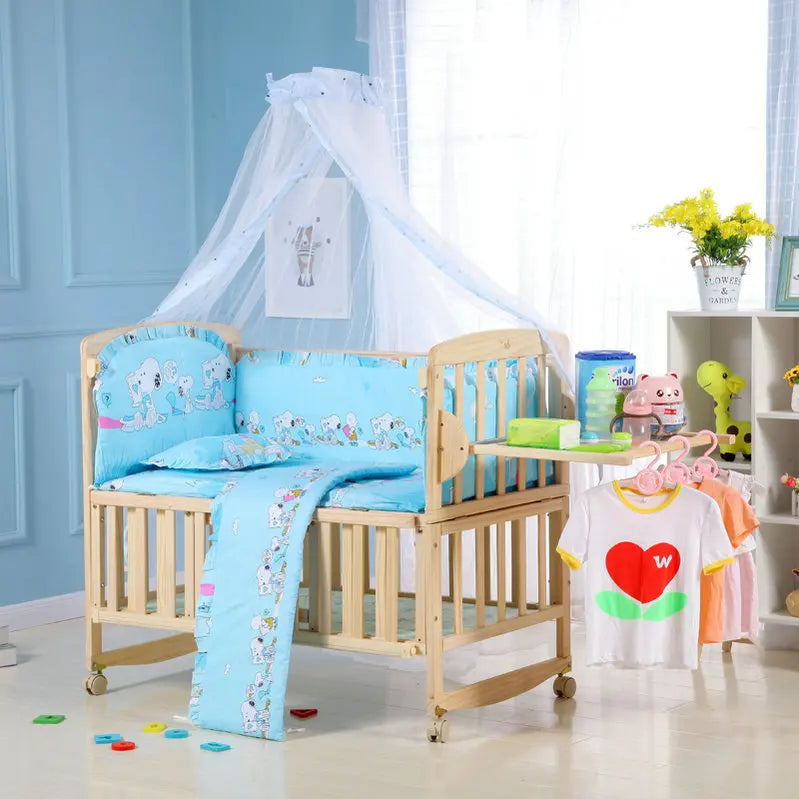 Beedome Pine Baby Cuna con estante, puede extender a una cama para niños de 1,4 metros, mecedora con 4 ruedas