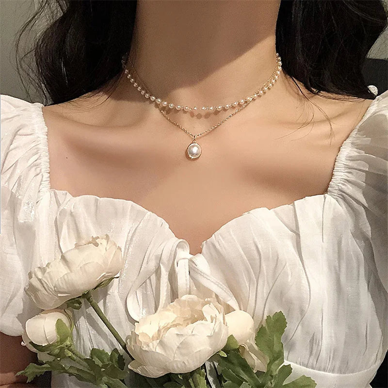Gargantilla de perlas Kpop para mujer, collar con colgante de cadena de doble capa, regalo para niña, joyería, novedad de 2021