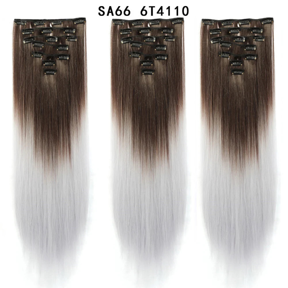 Buabuda-extensiones de cabello sintético largo y liso, 16Clips, fibra de alta temperatura, color rubio, negro y marrón
