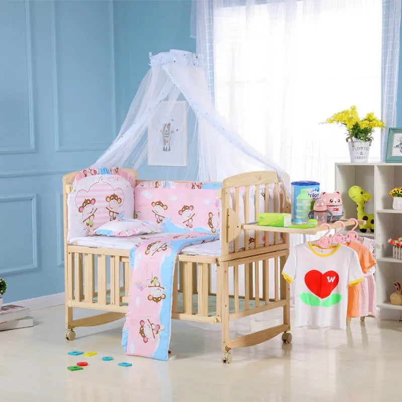 Beedome Pine Baby Cuna con estante, puede extender a una cama para niños de 1,4 metros, mecedora con 4 ruedas