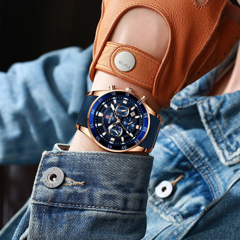 REWARD Relojes para hombre con esfera grande, marca de lujo, reloj deportivo resistente al agua, cronógrafo para hombre, reloj de cuarzo, relojes de pulsera con fecha automática