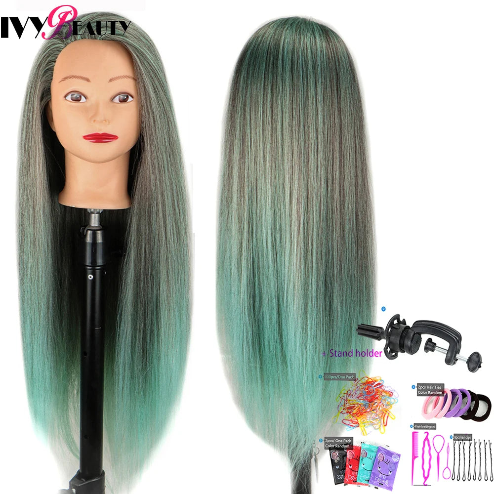 Cabeza de muñeca de maniquí de cosmetología con pelo de Color arcoíris para trenzar el cabello, entrenamiento de peinado, exhibición de salón de peluquería