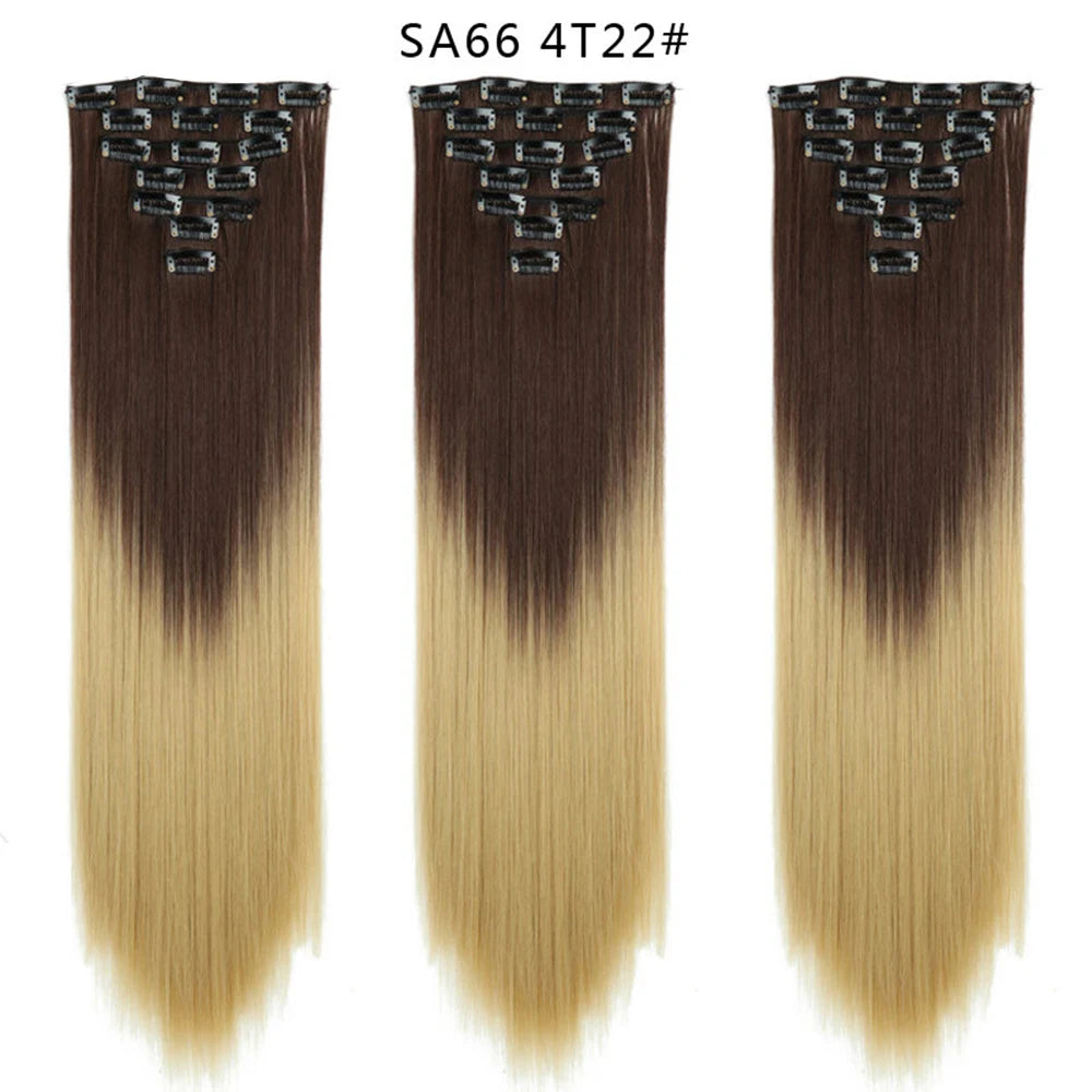 Buabuda-extensiones de cabello sintético largo y liso, 16Clips, fibra de alta temperatura, color rubio, negro y marrón