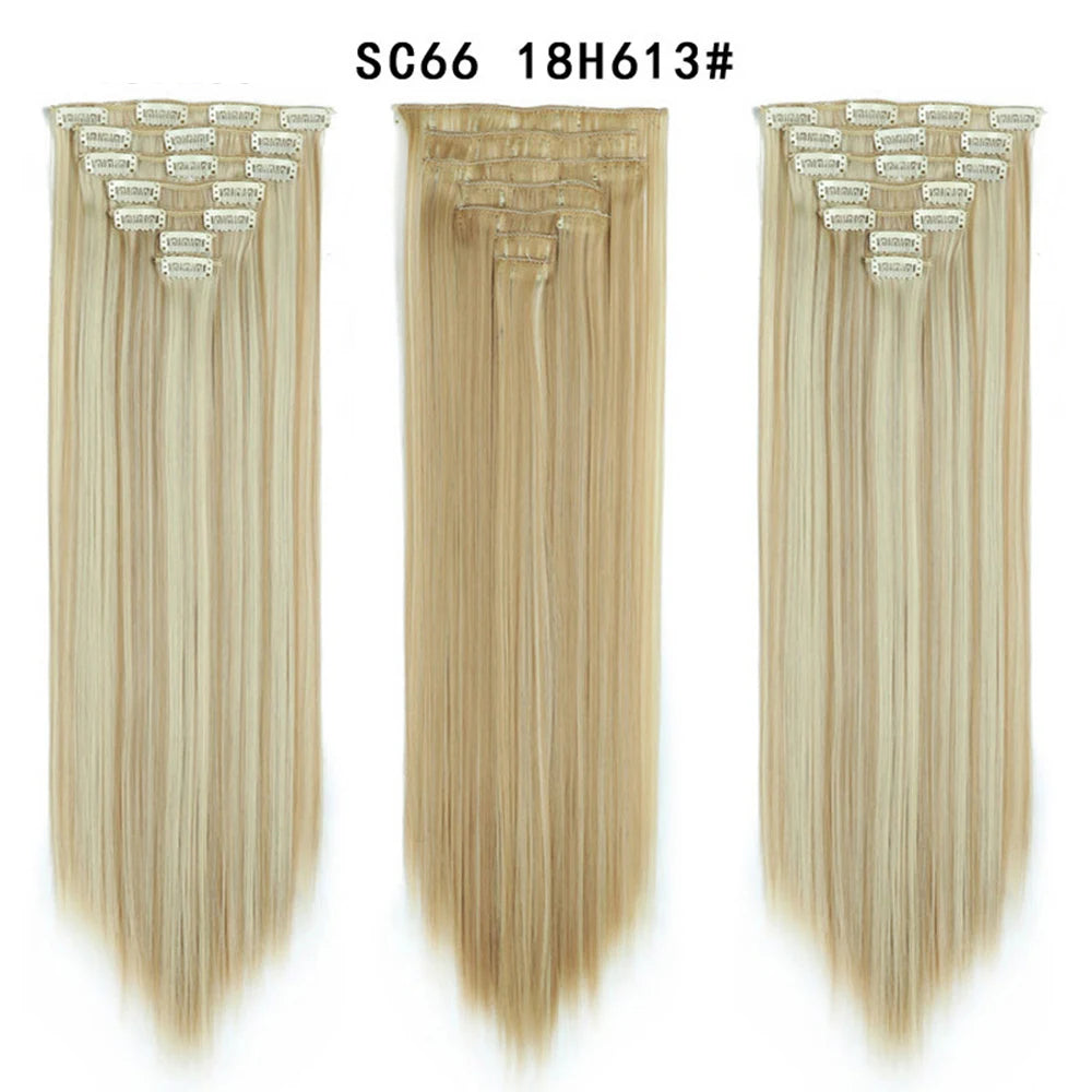 Buabuda-extensiones de cabello sintético largo y liso, 16Clips, fibra de alta temperatura, color rubio, negro y marrón