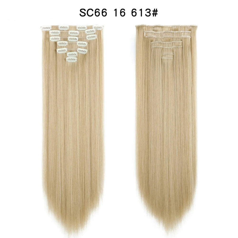 Buabuda-extensiones de cabello sintético largo y liso, 16Clips, fibra de alta temperatura, color rubio, negro y marrón