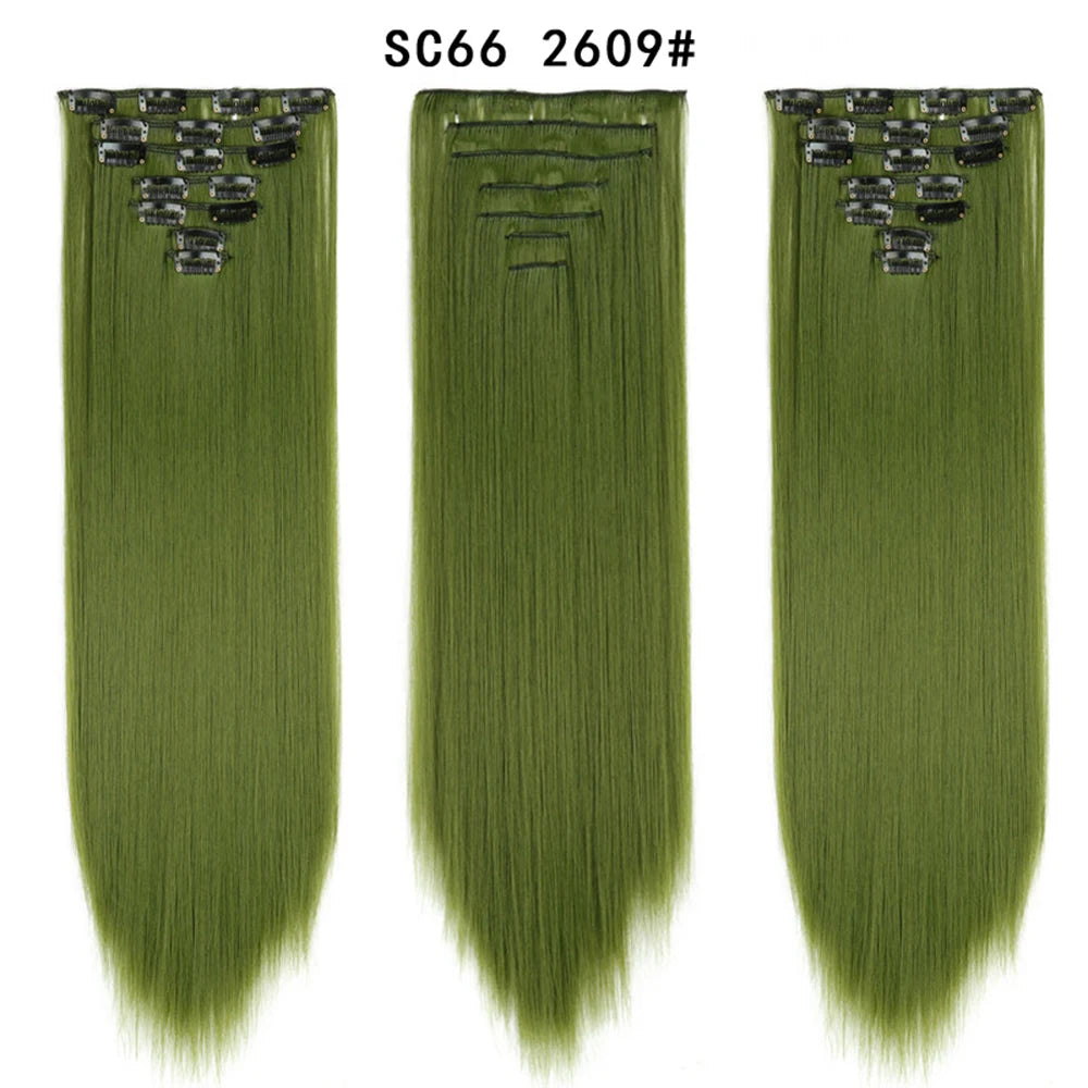 Buabuda-extensiones de cabello sintético largo y liso, 16Clips, fibra de alta temperatura, color rubio, negro y marrón