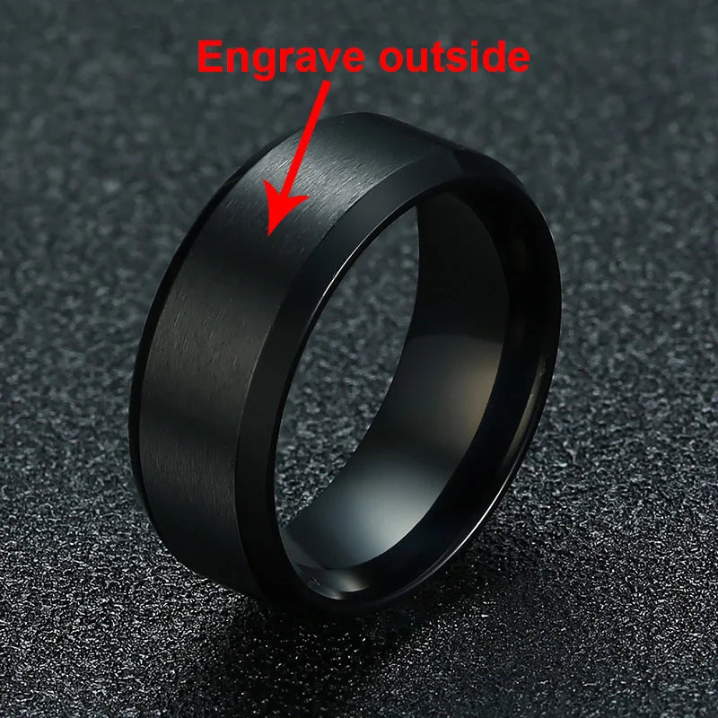 Vnox-Anillo de boda personalizado de acero inoxidable para hombres y mujeres, anillo central cepillado con borde biselado, banda negra, nombre grabado, letra, fecha