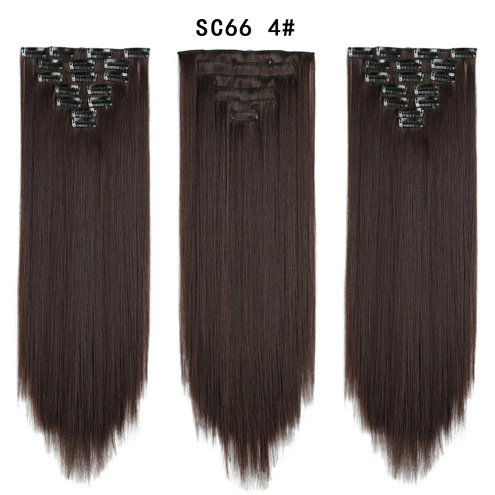 Buabuda-extensiones de cabello sintético largo y liso, 16Clips, fibra de alta temperatura, color rubio, negro y marrón