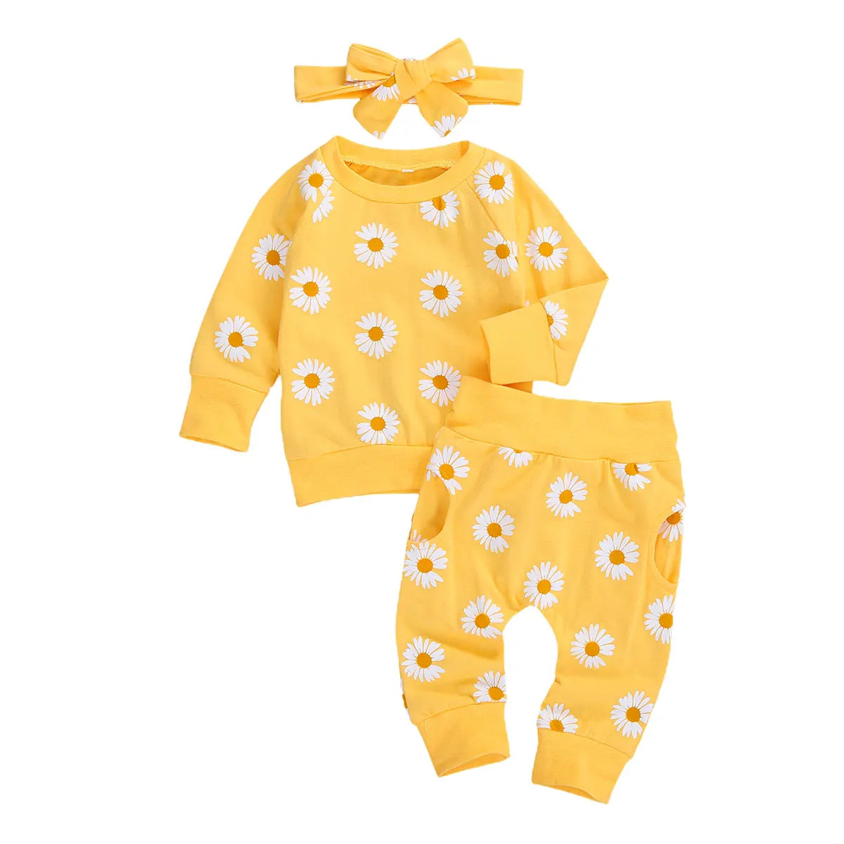 Trajes de algodón transpirables para bebé, niño y niña, sudadera de manga larga con estampado de margaritas, pantalones y Diadema con lazo, 3 uds.