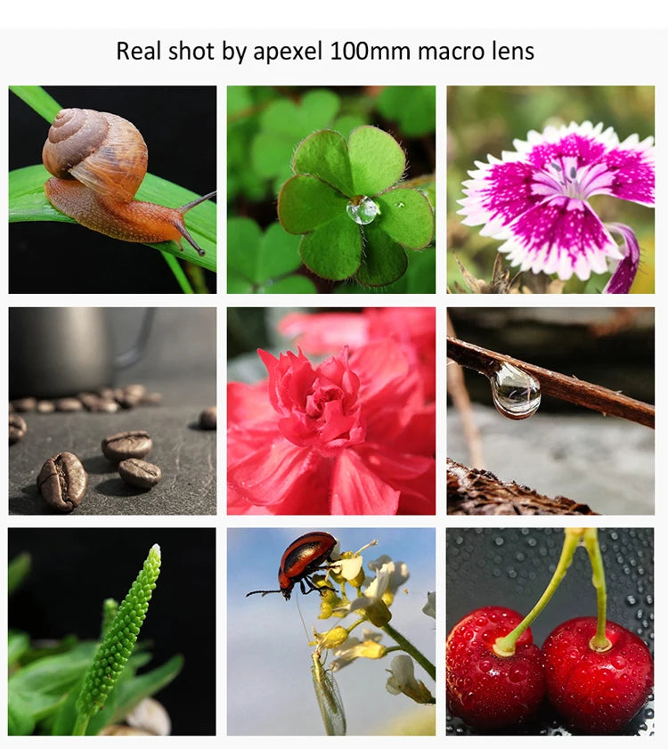 APEXEL nueva llegada 4k HD 100mm macro Micro lente con filtro CPL abrazadera multifuncional para iPhone Samsung y todos los teléfonos inteligentes