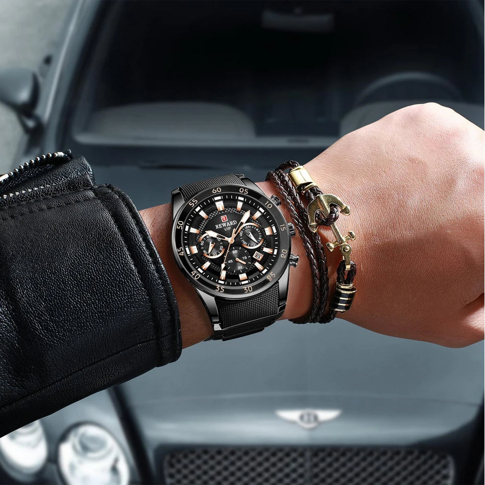 REWARD Relojes para hombre con esfera grande, marca de lujo, reloj deportivo resistente al agua, cronógrafo para hombre, reloj de cuarzo, relojes de pulsera con fecha automática