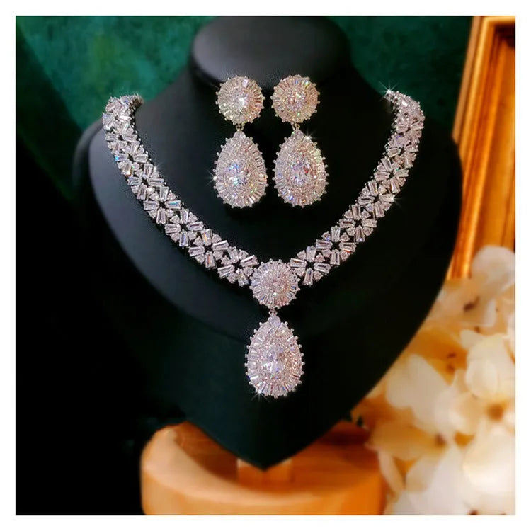 Conjuntos de joyería nupcial para mujer, pendientes de gota de aguja de plata S925, collares, colgantes, corona, boda, accesorios de circonita cúbica