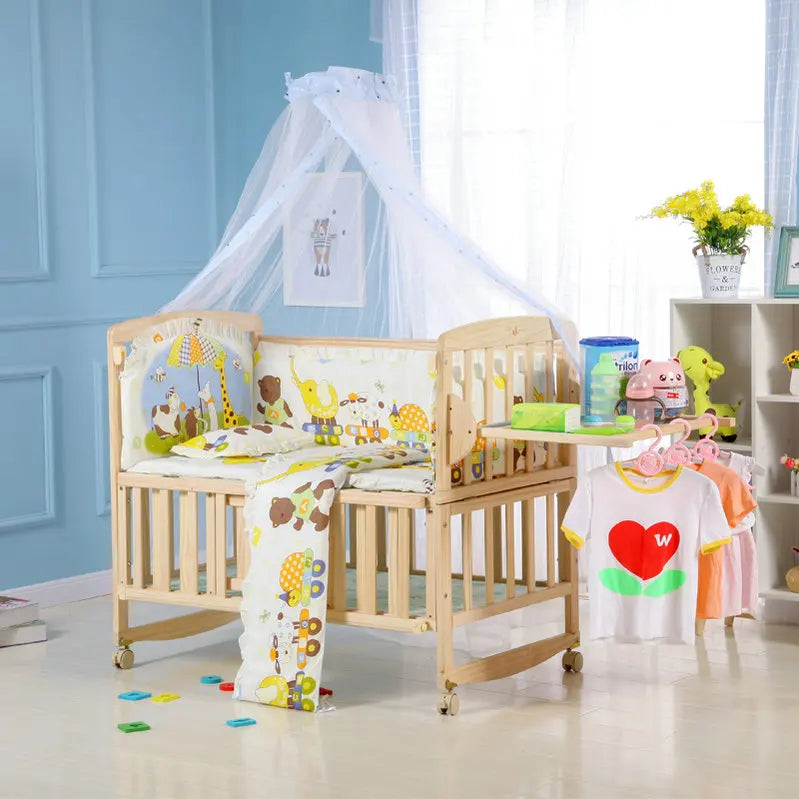 Beedome Pine Baby Cuna con estante, puede extender a una cama para niños de 1,4 metros, mecedora con 4 ruedas