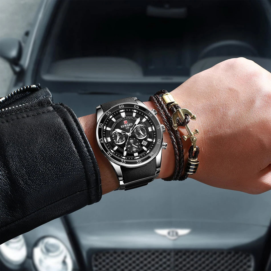 REWARD Relojes para hombre con esfera grande, marca de lujo, reloj deportivo resistente al agua, cronógrafo para hombre, reloj de cuarzo, relojes de pulsera con fecha automática