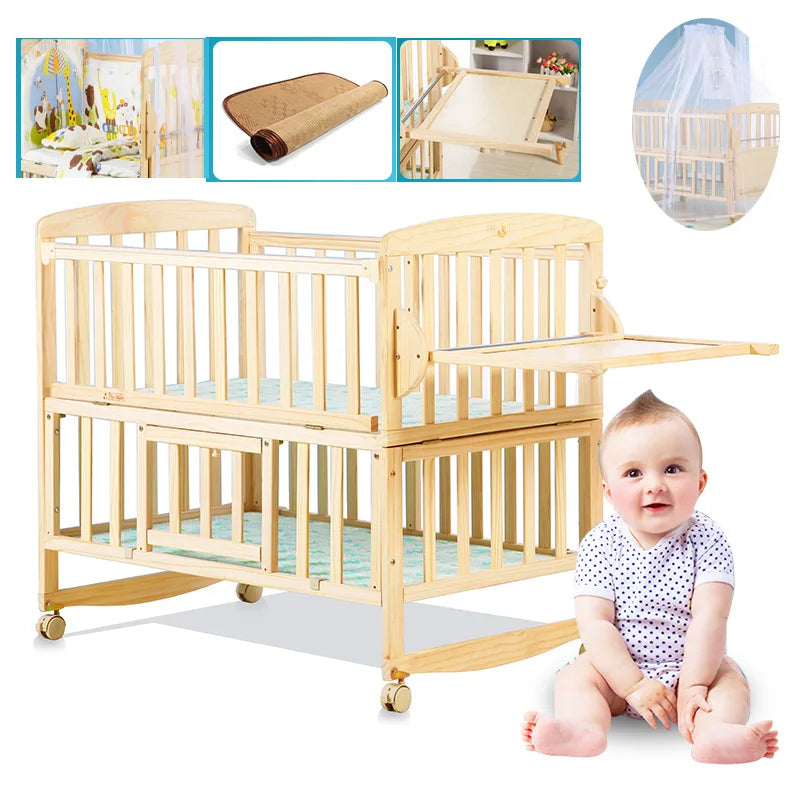 Beedome Pine Baby Cuna con estante, puede extender a una cama para niños de 1,4 metros, mecedora con 4 ruedas