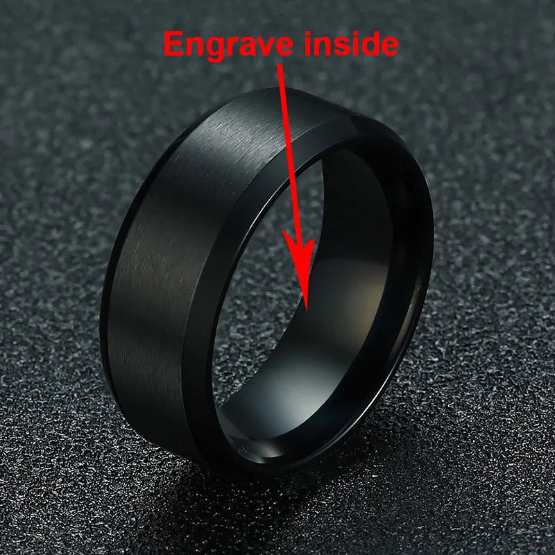 Vnox-Anillo de boda personalizado de acero inoxidable para hombres y mujeres, anillo central cepillado con borde biselado, banda negra, nombre grabado, letra, fecha