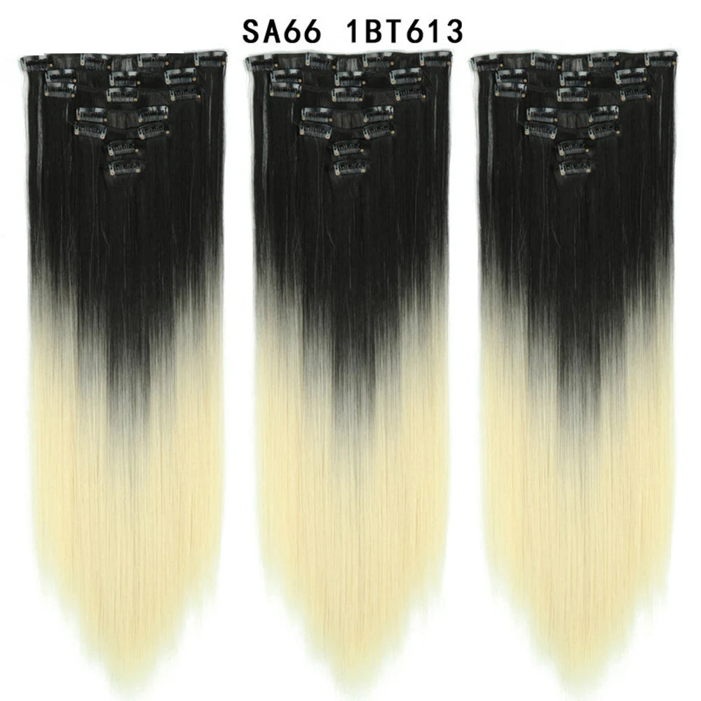 Buabuda-extensiones de cabello sintético largo y liso, 16Clips, fibra de alta temperatura, color rubio, negro y marrón