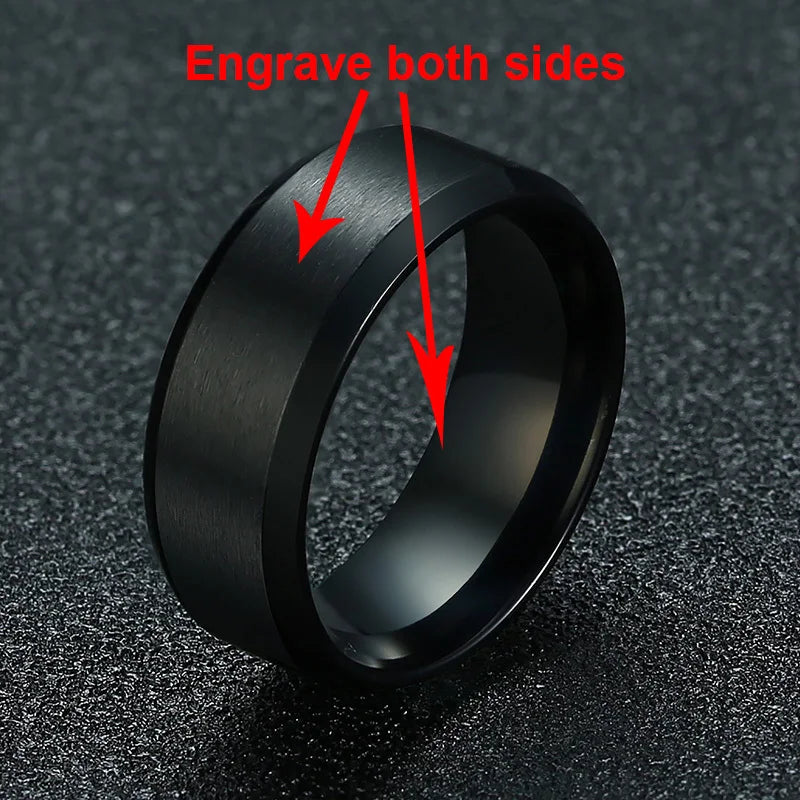 Vnox-Anillo de boda personalizado de acero inoxidable para hombres y mujeres, anillo central cepillado con borde biselado, banda negra, nombre grabado, letra, fecha