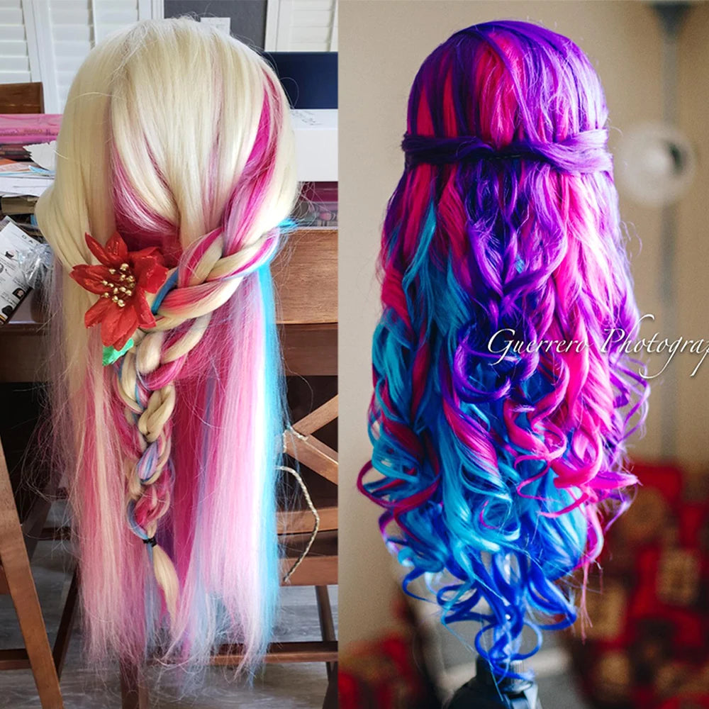 Cabeza de muñeca de maniquí de cosmetología con pelo de Color arcoíris para trenzar el cabello, entrenamiento de peinado, exhibición de salón de peluquería